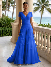 Light Blue Short-Sleeve Tulle Gown Evening Dress with 3D Flower V Neck Pleat Maxi Dress