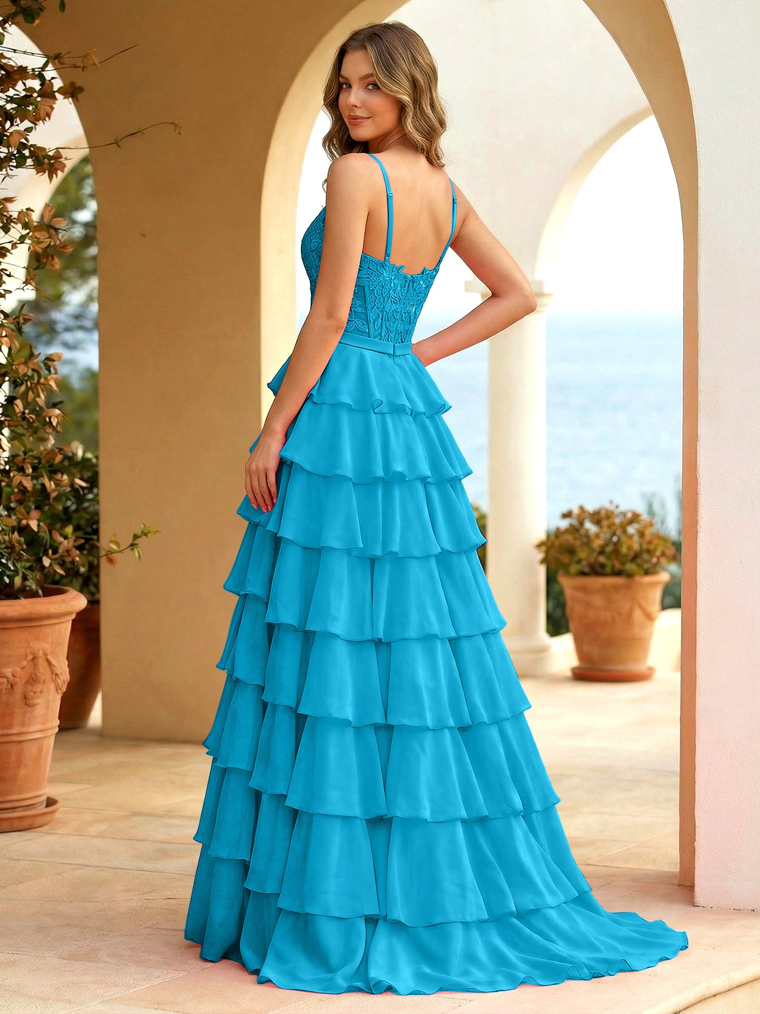 Pink Lace Corset Tiered Ruffle Long Prom Dress