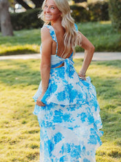 Blue A-Line Ruffles Print Long Prom Dress with Slit