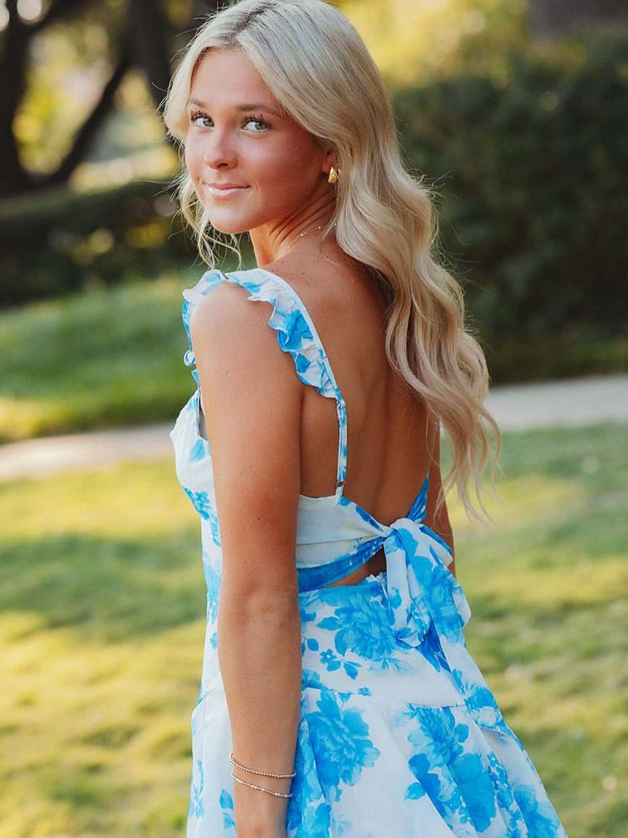 Blue A-Line Ruffles Print Long Prom Dress with Slit