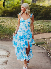Blue A-Line Ruffles Print Long Prom Dress with Slit