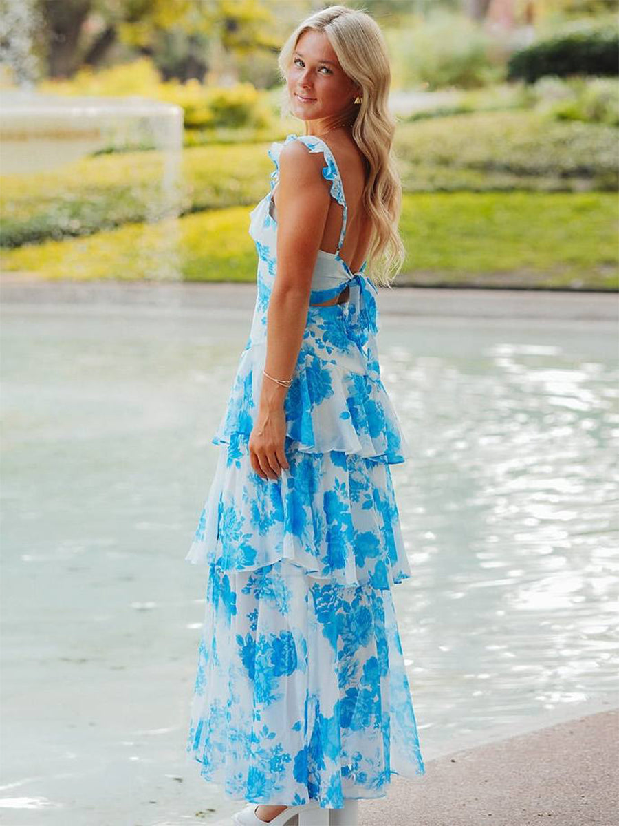 Blue A-Line Ruffles Print Long Prom Dress with Slit