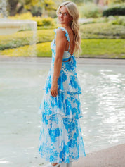 Blue A-Line Ruffles Print Long Prom Dress with Slit