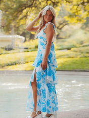 Blue A-Line Ruffles Print Long Prom Dress with Slit