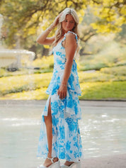 Blue A-Line Ruffles Print Long Prom Dress with Slit