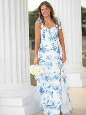 Blue A-Line Strapless Print Tiered Long Prom Dress