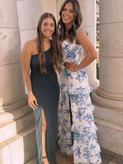 Blue A-Line Strapless Print Tiered Long Prom Dress