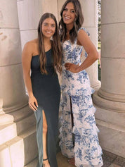 Blue A-Line Strapless Print Tiered Long Prom Dress