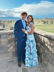 Blue A-Line Strapless Print Tiered Long Prom Dress