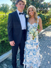 Blue Print A-Line Strapless Tiered Long Prom Dress