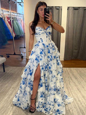 A-Line Strapless V-Neck Tiered Printing Long Prom Dress