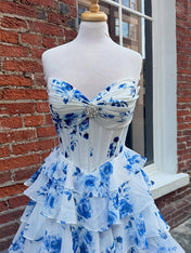 A-Line Strapless V-Neck Tiered Printing Long Prom Dress