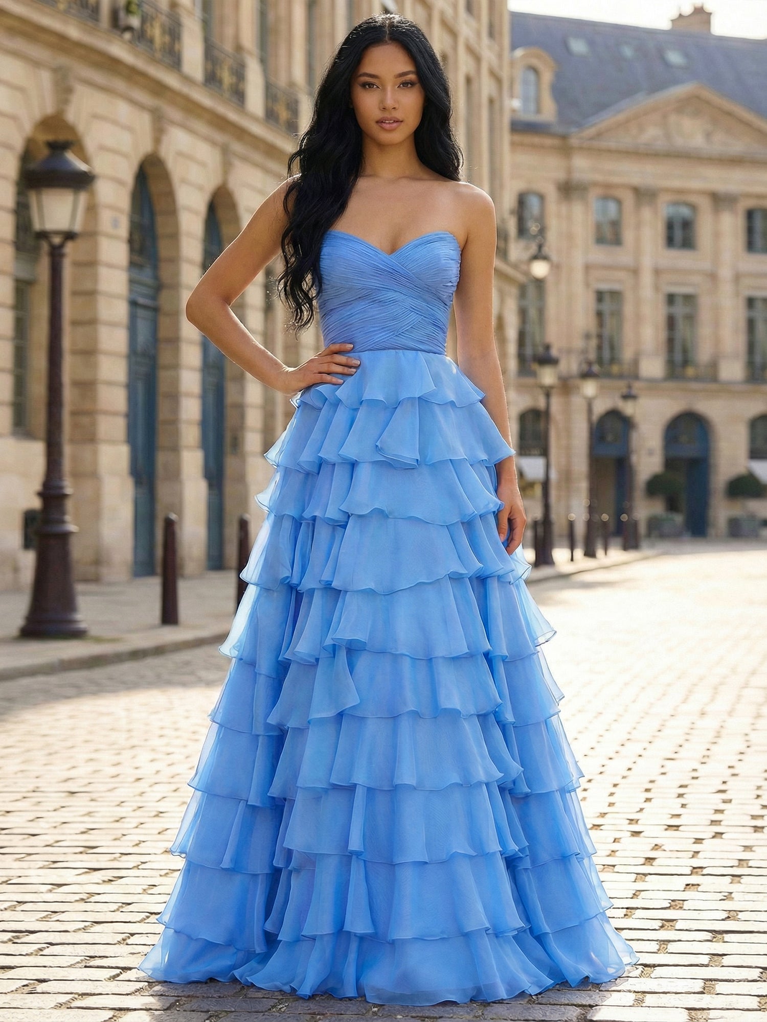 Blue A Line Strapless Tiered Ruffle Long Prom Dress
