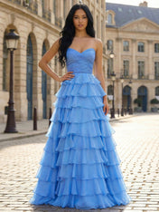 Blue A Line Strapless Tiered Ruffle Long Prom Dress