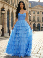 Blue A Line Strapless Tiered Ruffle Long Prom Dress