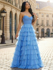 Blue A Line Strapless Tiered Ruffle Long Prom Dress
