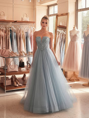 Blue A Line Sweetheart Long Prom Dress With Sequins