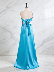 Blue V Neck Beaded Bodice Satin A-Line Long Prom Dress