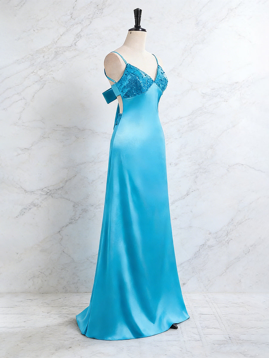 Blue V Neck Beaded Bodice Satin A-Line Long Prom Dress