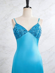 Blue V Neck Beaded Bodice Satin A-Line Long Prom Dress