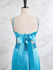Blue V Neck Beaded Bodice Satin A-Line Long Prom Dress