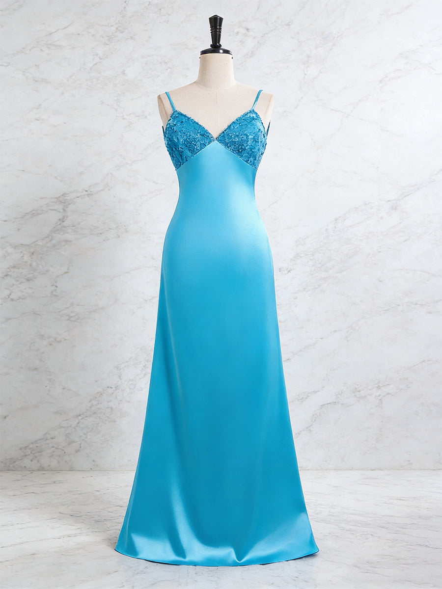 Blue V Neck Beaded Bodice Satin A-Line Long Prom Dress