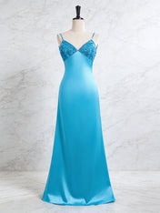 Blue V Neck Beaded Bodice Satin A-Line Long Prom Dress