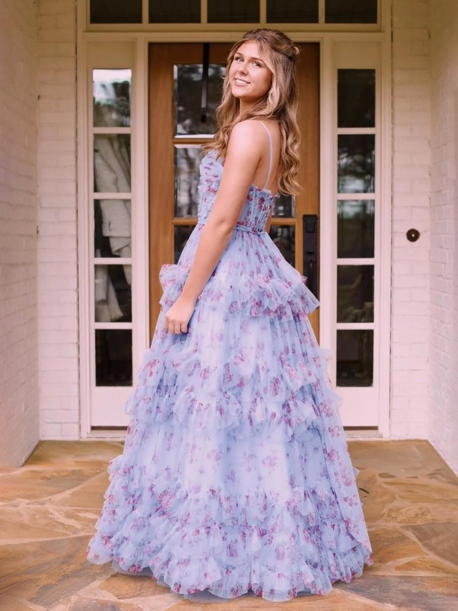 Blue Floral A-Line Corset Tulle Ruffles Long Prom Dress