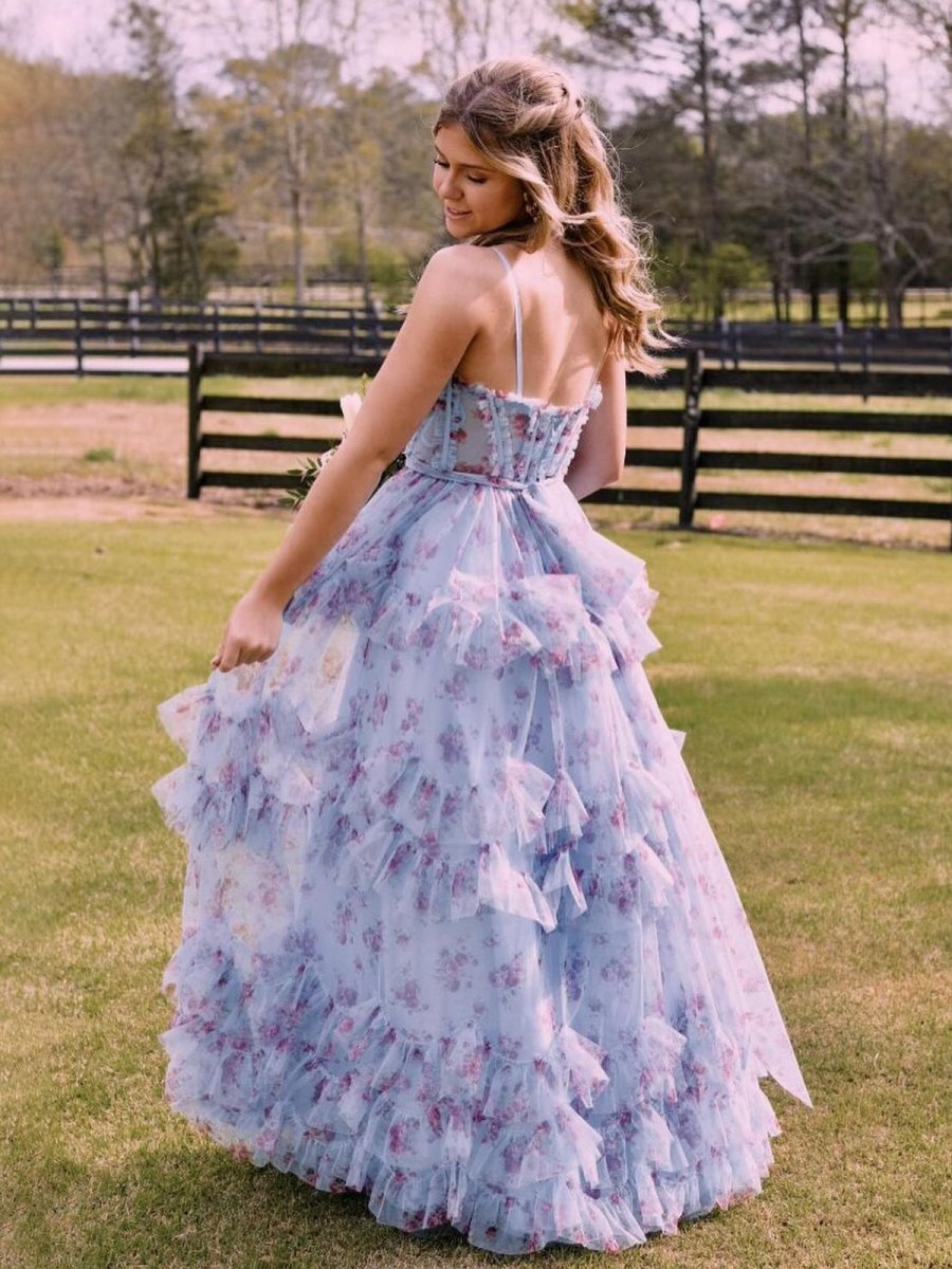 Blue Floral A-Line Corset Tulle Ruffles Long Prom Dress