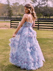 Blue Floral A-Line Corset Tulle Ruffles Long Prom Dress