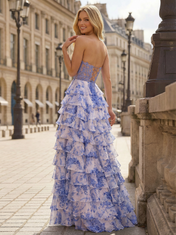 Blue Floral A-Line Sweetheart Ruffle Tiered Corset Prom Dress