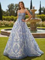 Blue Floral A Line Baroque Lace Corset Long Prom Dress