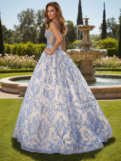 Blue Floral A Line Baroque Lace Corset Long Prom Dress