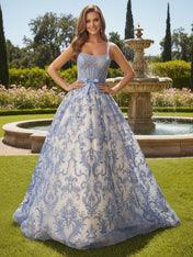 Blue Floral A Line Baroque Lace Corset Long Prom Dress