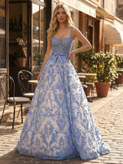 Blue Floral Baroque Lace A Line Long Corset Prom Dress