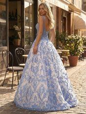 Blue Floral Baroque Lace A Line Long Corset Prom Dress