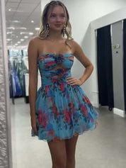 Blue Floral A Line Ruched Strapless Short Homecoming Dress