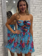 Blue Floral A Line Ruched Strapless Short Homecoming Dress