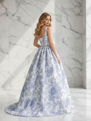 Blue Floral A Line Square Neck Brocade Corset Long Prom Dress