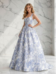 Blue Floral A Line Square Neck Brocade Corset Long Prom Dress