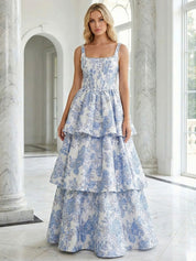 Blue Floral Brocade Corset Tiered A-Line Prom Dress