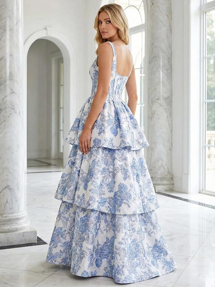 Blue Floral Brocade Corset Tiered A-Line Prom Dress