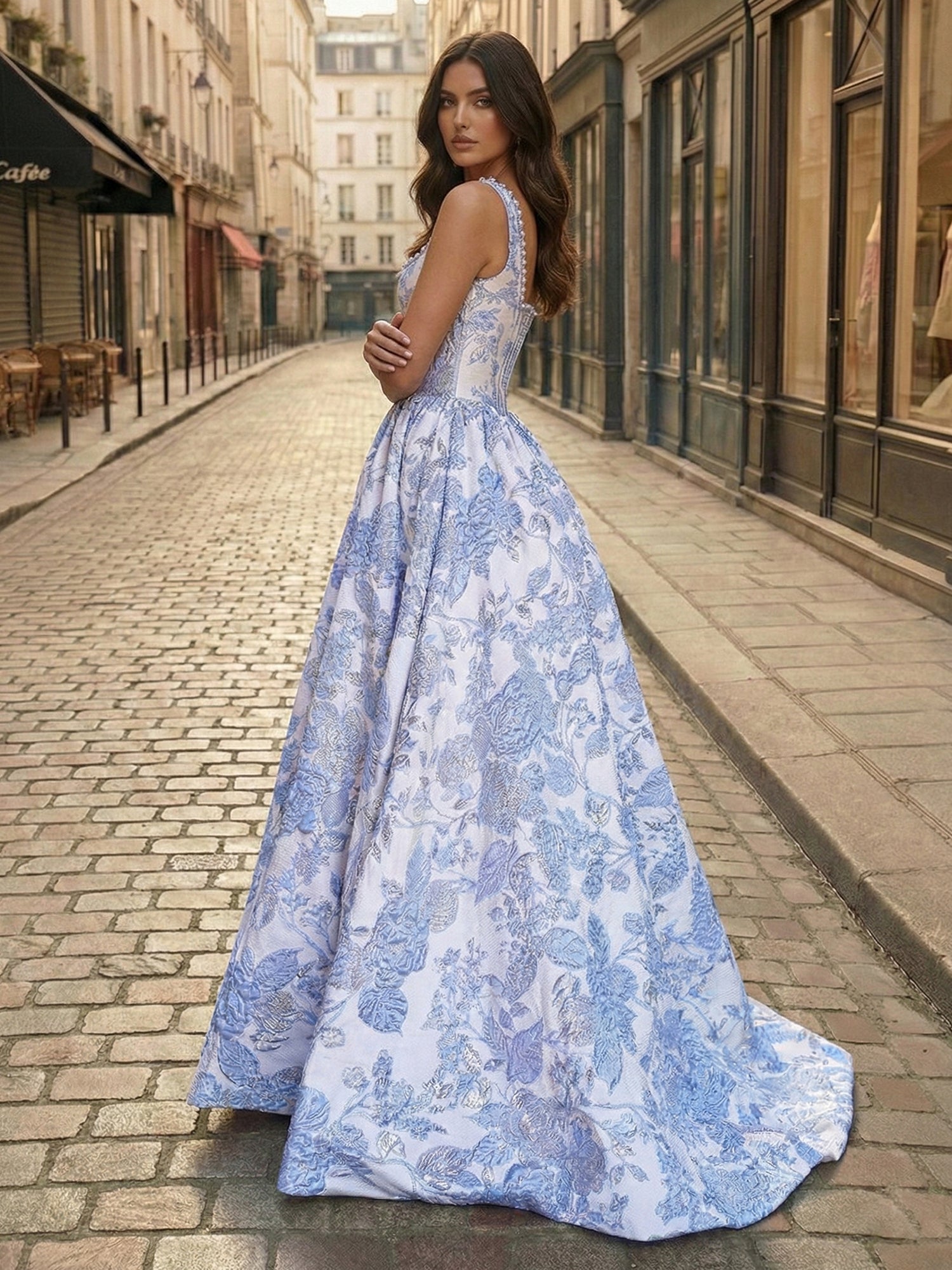 Dreamylily Prom Dress Blue Floral Brocade Pearl Long Corset Evening Gown Party Dress