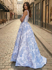 Blue Floral Brocade Pearl Long Corset Prom Dress