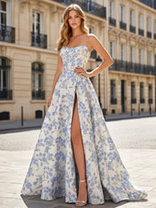 Blue Floral Brocade Strapless A-Line Prom Dress with Slit