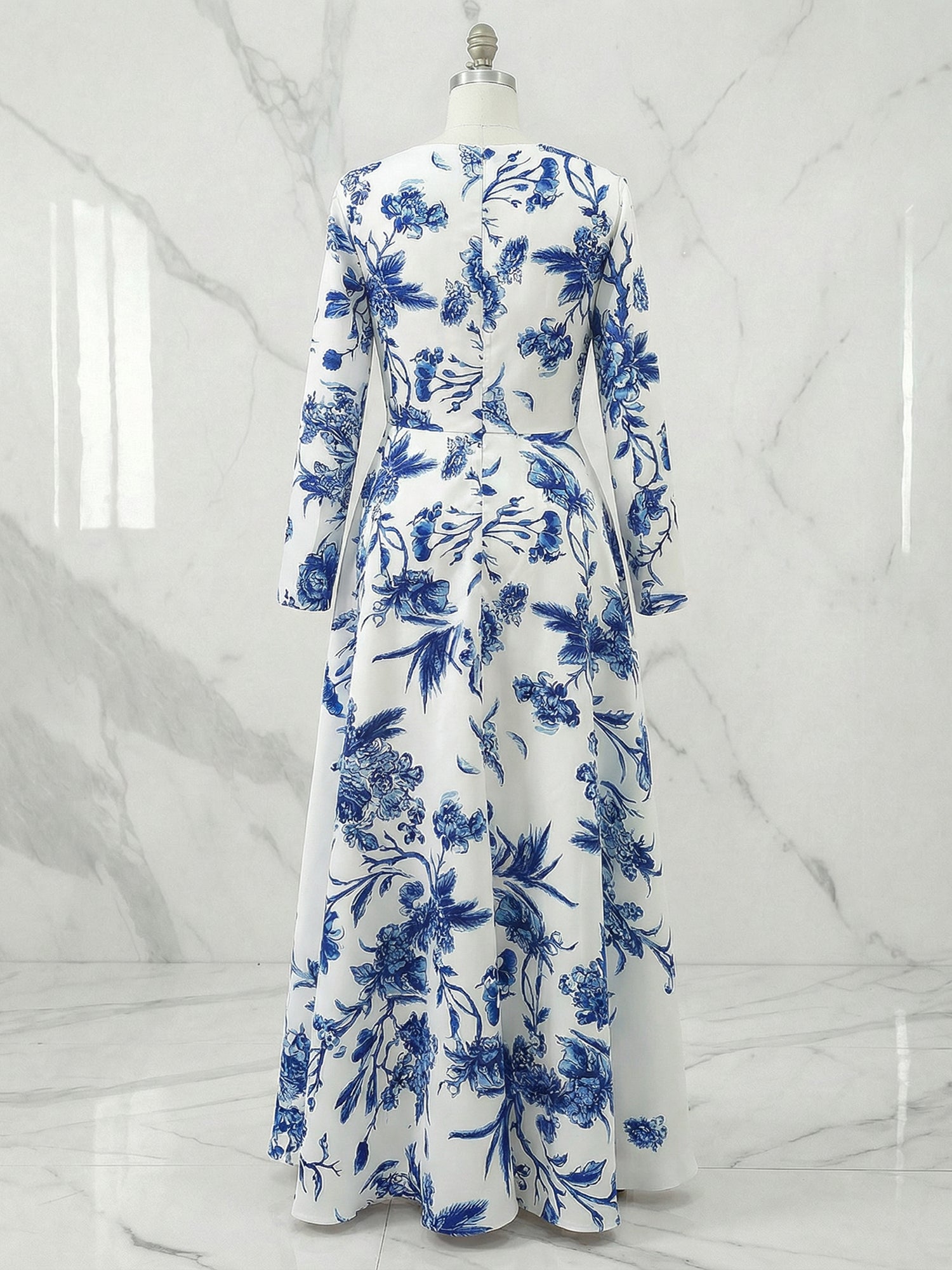 Blue Floral Classic Square Neck Long Sleeve A-Line Midi Dress Gown