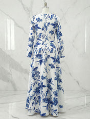 Blue Floral Classic Square Neck Long Sleeve A-Line Midi Dress Gown