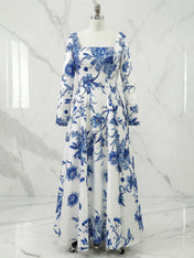 Blue Floral Classic Square Neck Long Sleeve A-Line Midi Dress Gown