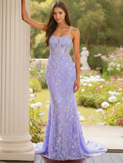 Blue Floral Corset Bodice Spaghetti Straps Lace Applique Prom Dress