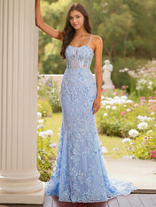 Blue Floral Corset Bodice Spaghetti Straps Lace Applique Prom Dress